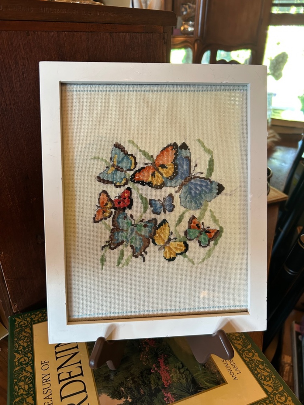 Vintage Framed Cross-Stitch Butterfly Artwork